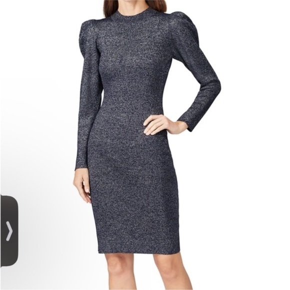 Sachin & Babi Amelie Metallic Sheath Dress Long Sleeves Puff Shoulders Blue - Picture 1 of 9